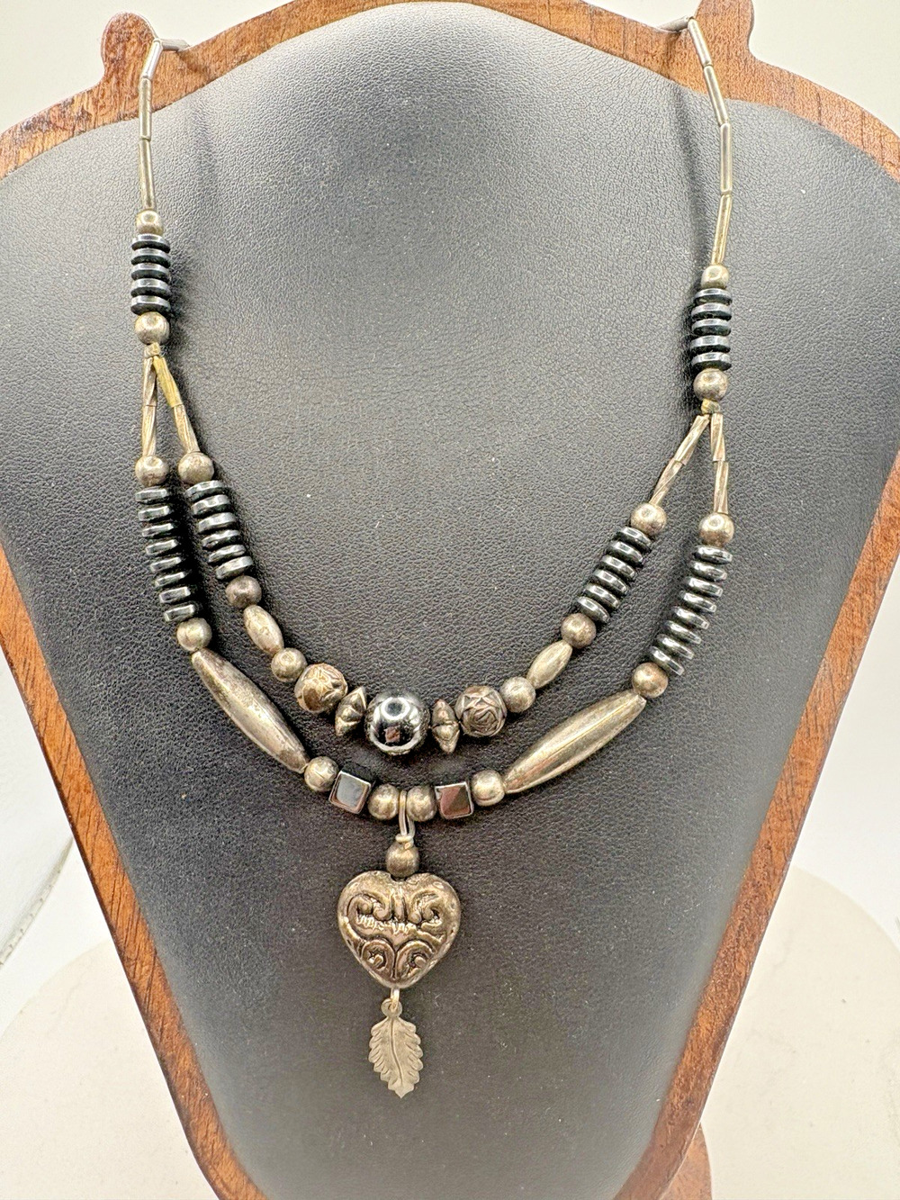 Vintage Native American Sterling Silver Heart Double Strand Necklace Hematite